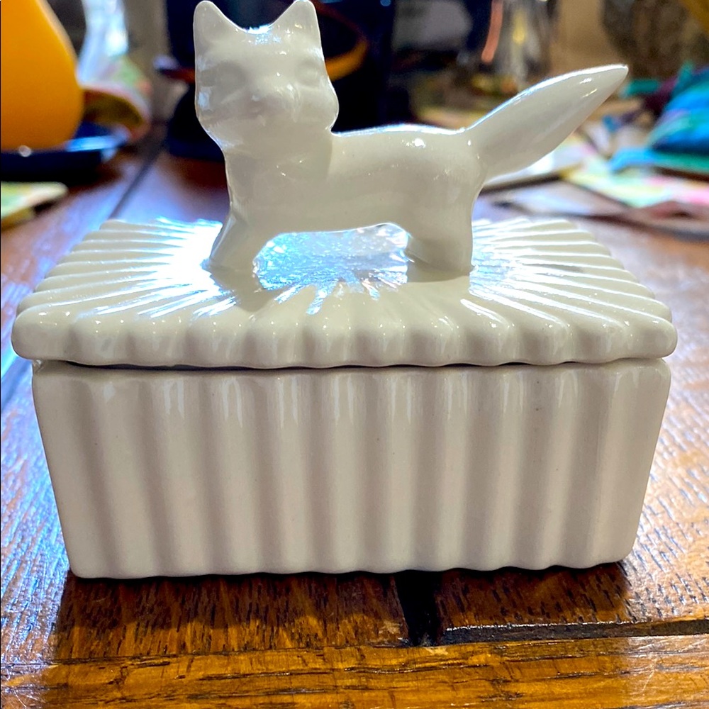 White Ceramic Hand Made Trinket Box with Fox Figurine on Top. Handmade 2008. EC